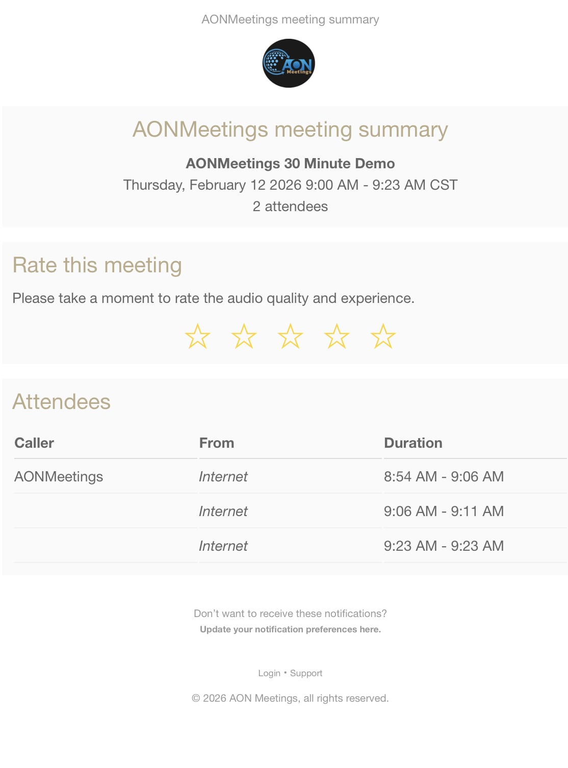 AONMeetings webinar workspace showing a live presentation and participant controls